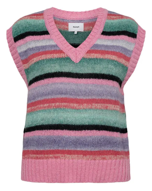 Nümph stribet strik vest i rosa, grøn, grå og rød. Uden ærmer med v-hals og rosa kant. Horisontale striber i hele længden.