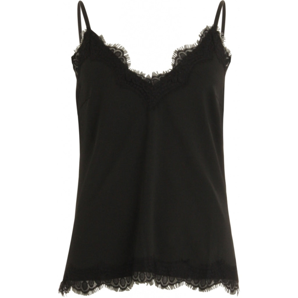 Sort camisole top med delikat blondekantet. Spaghettistropper og V-udskæring. Elegant, feminint snit.