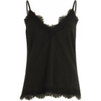 Sort camisole top med delikat blondekantet. Spaghettistropper og V-udskæring. Elegant, feminint snit.