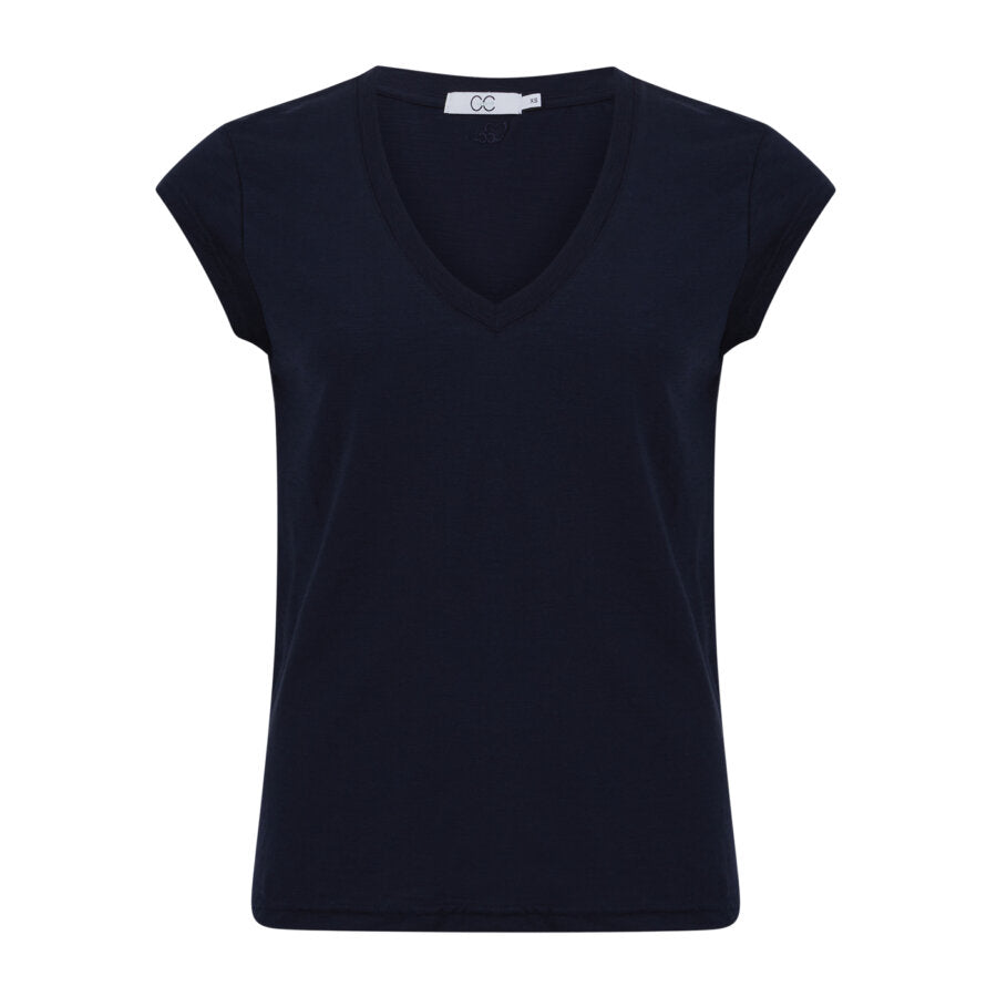 Marineblå T-shirt med korte ærmer og V-hals. Klassisk og minimalistisk design i stretchstof.