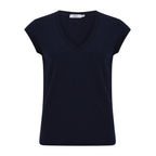 Marineblå T-shirt med korte ærmer og V-hals. Klassisk og minimalistisk design i stretchstof.
